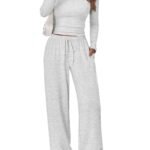 Conjunto de dos piezas para mujer «Trendy Queen»: top de manga larga con fruncidos laterales y pantalones anchos con cordón y bolsillos