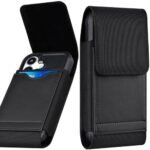 Funda ykooe compatible con iPhone Pro Max (16, 15, 14, 13, 12, 11) y Galaxy Plus/FE (S25, S24, S23, S22, S21); funda de nailon para móvil con clip y bolsillo de cuero para tarjetas, para hombre, negra -L
