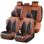 Fundas para asientos Coverado, juego completo de fundas para asientos de coche, fundas de cuero para coches, fundas para asientos de automóvil, protector de asientos de coche, accesorios para el coche; aptas para la mayoría de turismos, SUV y camionetas (negro y marrón)