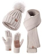 Conjunto de invierno para mujer: gorro, bufanda y guantes; gorro con pompón, bufanda larga, calentador de cuello y guantes para pantalla táctil. Conjunto 3 en 1