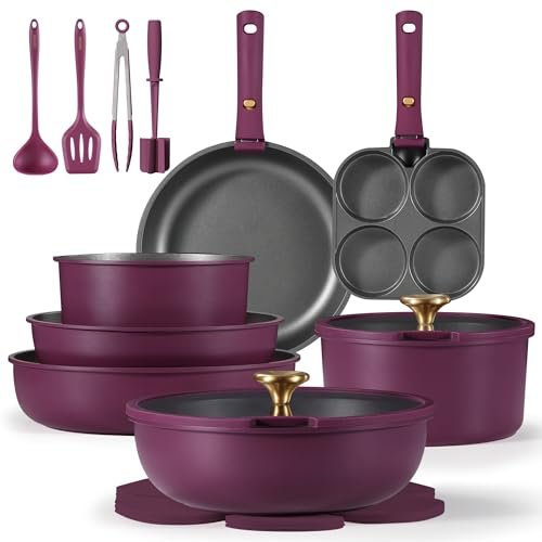 41+E+LW4RYL CAROTE 21pcs Pots and Pans Set, Nonstick Cookware Set Detachable Handle, Induction Kitchen Cookware Sets Non Stick with Removable Handle, RV Cookware Set, Gold and Purple - Image 1