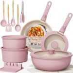 Juego de ollas y sartenes antiadherentes de cerámica Astercook de 21 piezas, con asas desmontables, juego de cocina para autocaravanas, apto para el horno, apto para inducción, apilable, color rosa