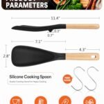 Cooking Spoon for Nonstick Cookwares, Great for Cooking and Serving Sturdy BPA-Free Matte Silicone, Wood Handle Spoon for Mixing, Scoop, and Scrape (Black &amp; Grey, 11.4 inch)