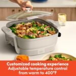 bella Make &amp; Take Electric Skillet, Fits-anywhere™ kitchenware, EverGood™ Ceramic Coating, Adjustable Temperature &amp; Dishwasher-Safe Tempered Glass Lid, Cast Aluminum Base, 1200 Watt, Oatmilk - Image 6