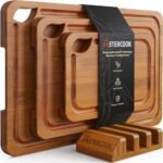 Tablas de cortar de bambú carbonizadas de Astercook para cocina con soporte de madera para guardarlas, tablas reversibles para charcutería y para cortar con ranuras para el jugo y asas de fácil agarre, aptas para cuchillos, regalo de cocina - Imagen 5