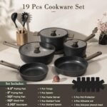 Juego de ollas y sartenes antiadherentes Astercook, juegos de utensilios de cocina de titanio para inducción, saludables y no tóxicos, para cocinar con sartenes, sin PFAS, PTFE, PFOA ni PFOS, color negro, 19 piezas
